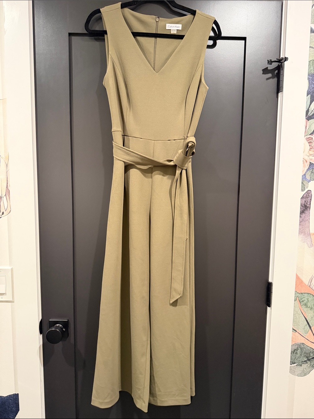 Calvin Klein Olive Green Sleeveless V-Neck ankle Jumper with Tie Waist
